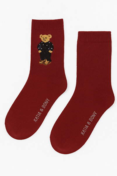 Katia&Bony Women's Teddy Patterned Wool Socks Burgundy