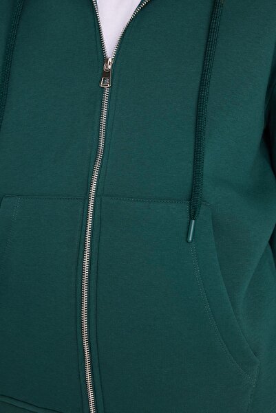 Tudors Γυναικείο φούτερ με κουκούλα με φερμουάρ, πράσινο, με διπλή τσέπη, από βαμβακερό φλις εσωτερικά, άνετο και χαλαρό