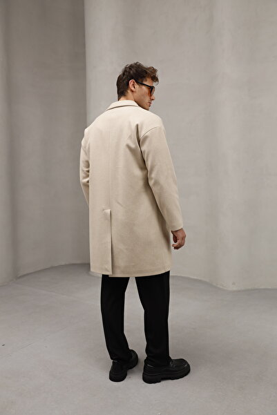 Bürke Κρεμ/μπεζ Χρώμα Κλείσιμο με κουμπί Χρώμα Half Oversize Άνετο Μακρύ Ανδρικό Παλτό Cashmere