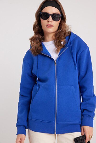 Tudors Γυναικείο φούτερ με κουκούλα Relax Fit, άνετο βαμβακερό φλις εσωτερικά, διπλή τσέπη με φερμουάρ, μπλε σαξόφωνο