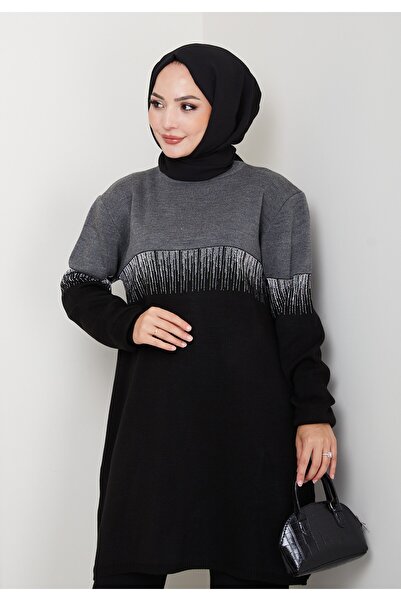 KAYA BUTİK İki Renkli Simli Triko Tunik