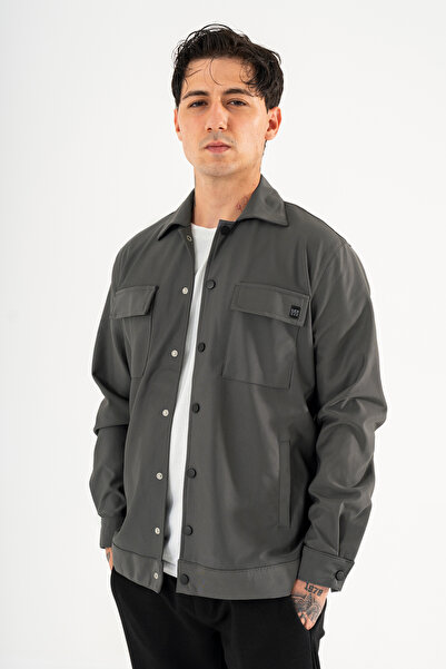 Souris Men's Smoked Relaxed Fit Shirt Jacket with Flap Double Pockets and Snap Fasteners