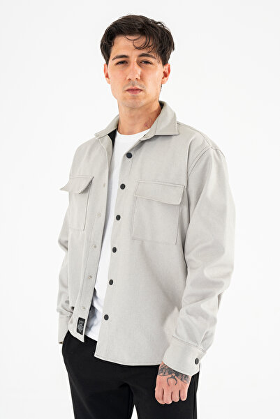 Souris Men's Light Gray Oversize Shirt Jacket with Flap, Double Pockets and Snap Fasteners