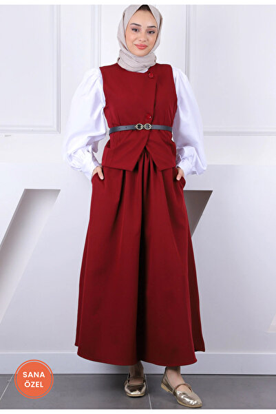 SimbaButik Kemerli yelek ve etekli blazer takım