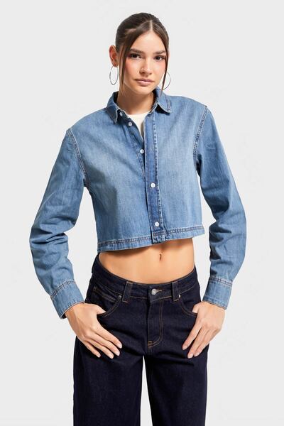its basic Women's T.Kot Color Cc01 7S5-8 Crop Fit Buttoned Front 100% Organic Denim Fabric Shirt