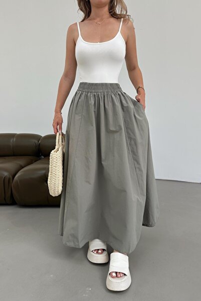 mylove تنورة واسعة من قماش البوبلين ستريت باللون الكاكي