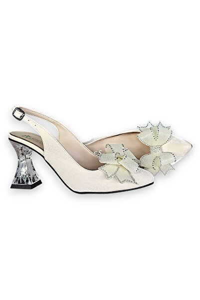Elit 6371 Beige Tulle Bow Detailed Women's Heeled Shoes