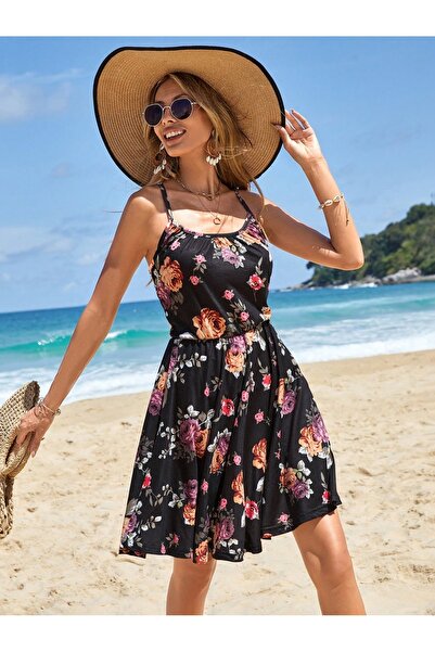 MOVİMENT Mor-Turuncu Çiçek Desenli Kare Yaka Diz Üstü Siyah Askılı Elbise