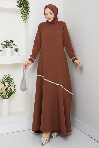 modapark.ist Γυναικείο βραδινό φόρεμα με πέτρα κεντημένο με χρώμα μαργαριτάρι