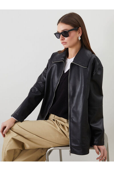 LC Waikiki Плюс нова сезонна риза с яка Овърсайз дамско яке с кожен вид