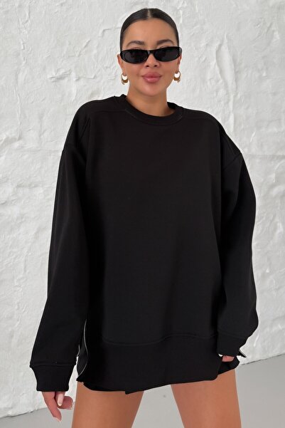 Know Kadın Siyah Bisiklet Yakalı Yanı Yarım Fermuar Detaylı Sweatshirt