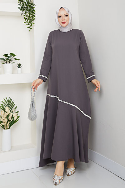 modapark.ist Γυναικείο βραδινό φόρεμα με πέτρα κεντημένο με χρώμα μαργαριτάρι