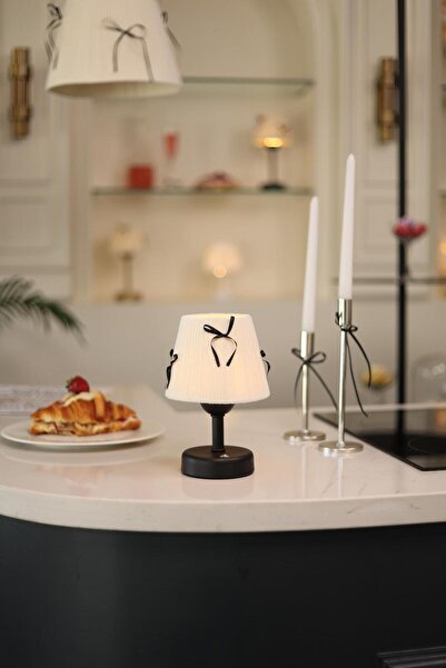 Maison Avf Krem Kadife Süet Siyah Fiyonk Kablosuz Şarjlı Masa Lambası - Alt S...