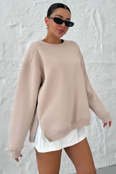 Know Kadın Bej Bisiklet Yakalı Yanı Yarım Fermuar Detaylı Sweatshirt