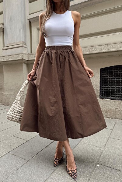 mylove تنورة واسعة من قماش البوبلين ستريت باللون البني