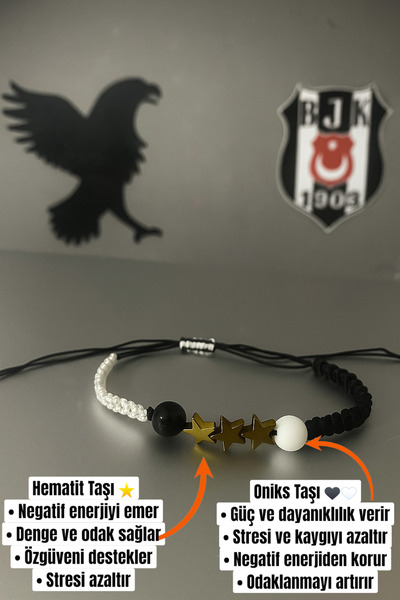 puffydik Beşiktaş 3 Yıldızlı Oniks ve Hematit Doğal Taş Makrome Taraftar Bile...