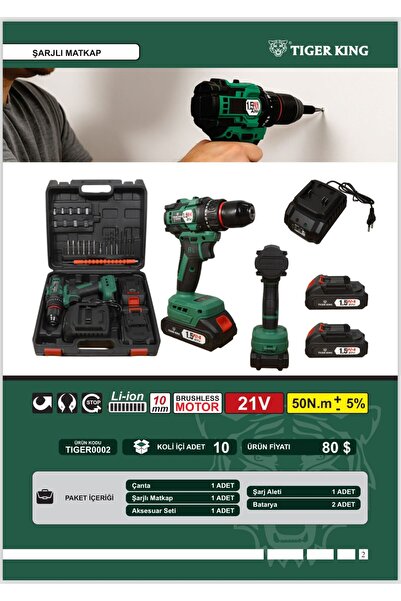 TİGER KİNG PRO TİĞER KİNG 21v Çelik Mandren Kömürsüz Motor Şarjlı Matkap Vida...