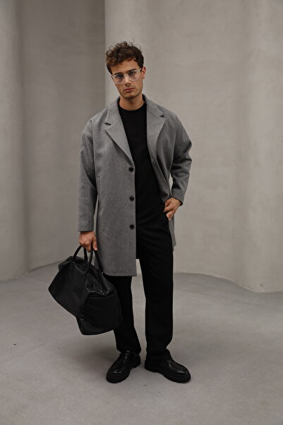 Bürke Γκρι Χρώμα Κλείσιμο με κουμπιά Μισό μεγάλο μέγεθος Άνετο κομμένο μακρύ ανδρικό παλτό από κασμίρ