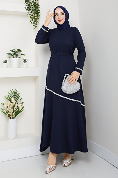 modapark.ist Γυναικείο βραδινό φόρεμα με πέτρα κεντημένο με χρώμα μαργαριτάρι