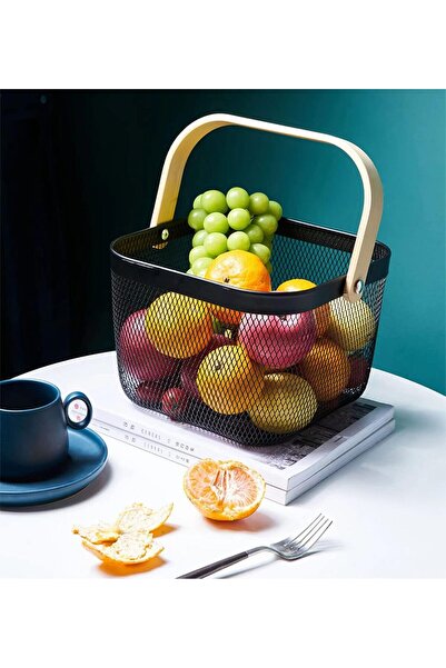 Living سلة شبكية معدنية متعددة الأغراض بمقبض خشبي أنيق باللون البيج، أسود