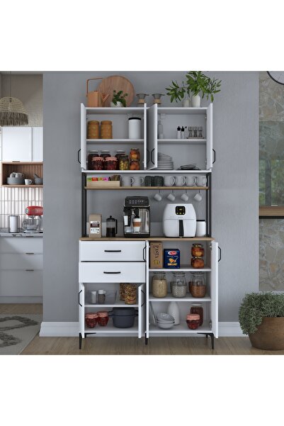 Rani Mobilya Rani JE213 Kahve Köşesi Çok Amaçlı Dolap 8 Kapaklı Çekmeceli Kiler Mutfak Dolabı Beyaz - Sepet Ceviz