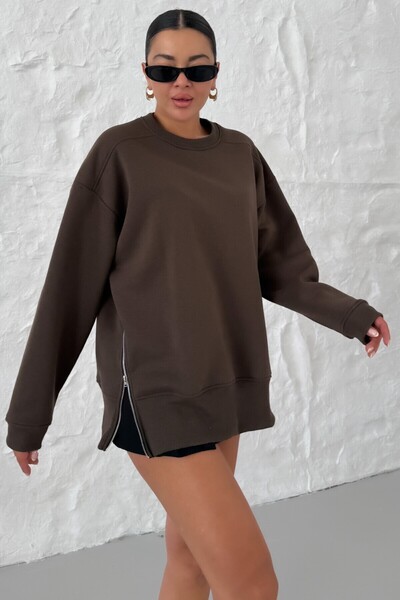 MODAGEN Kadın Kahverengi Bisiklet Yaka Yanı Yarım Fermuar Detaylı Sweatshirt