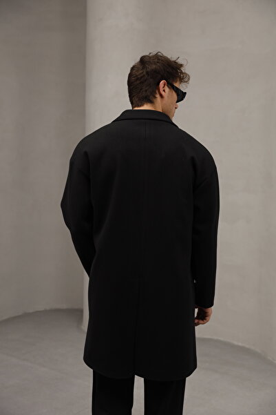 Bürke Μαύρο παλτό με κουμπωτό κλείσιμο, μισό oversize, χαλαρή εφαρμογή, μακρύ ανδρικό παλτό από κασμίρ