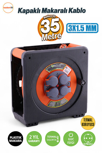 Badem10 Makaralı CCA Uzatma Kablosu 3x1.5 mm 35 Mt Kapaklı 4 Prizli Monofaze ...