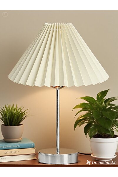 EvLight Liora Metal Silver Legged Pleated Cream Fabric Nightstand Head Lampshade