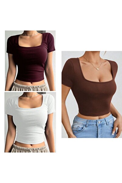 MİLYA&GYM Kadın 3'lü paket fitilli kaşkorse vücudu saran KARE YAKA CROP T-SHİRT