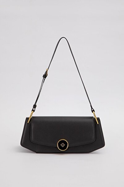 Levidor Siyah Oval Gold Aksesuarlı Omuz Çantası