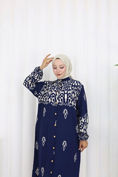 MSK Fashion Buttoned All-Over Ethnic Pattern Dress Navy Blue