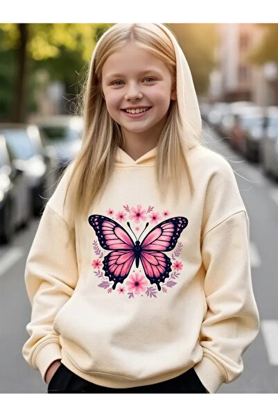 oneagılyazı Φούτερ χειμώνα με κουκούλα , Παιδική ροζ πεταλούδα με τύπωμα