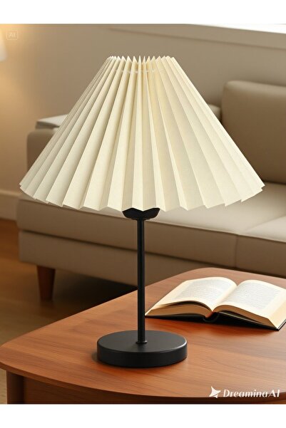 EvLight مصباح طاولة بجانب السرير من قماش كريمي مطوي بأرجل معدنية سوداء من ليورا