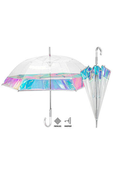 Perletti Umbrela ploaie transparenta baston cu banda holografica