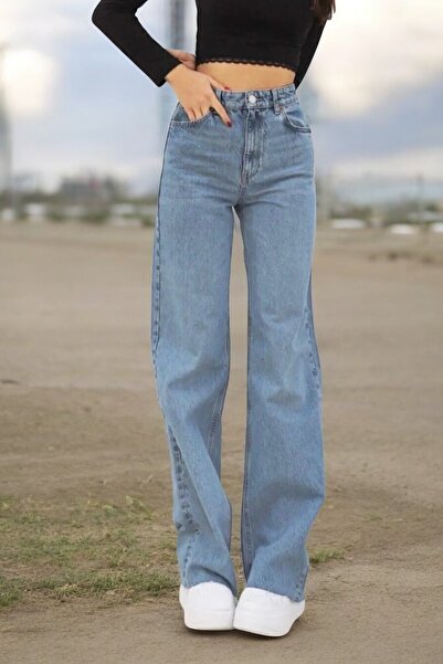 byhaziran butik بنطلون جينز نسائي أزرق اللون بخصر مرتفع وقابل للتمدد ومريح وو...