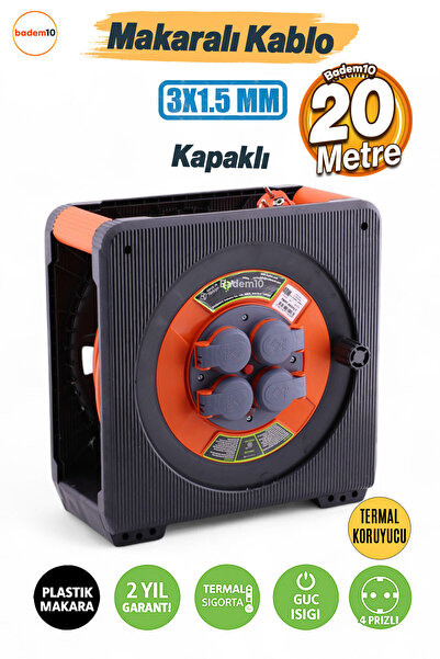 Badem10 Makaralı Uzatma Kablosu 3x1.5 mm 20 Mt CCA Kapaklı 4 Prizli Monofaze ...