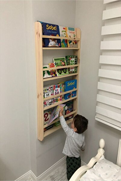 KütükOn Montessori Ahşap Çocuk Odası Kitaplığı Ahşap Ham Verniksiz Doğal Kitaplık 100*50*7 cm Ahşap Kitaplık
