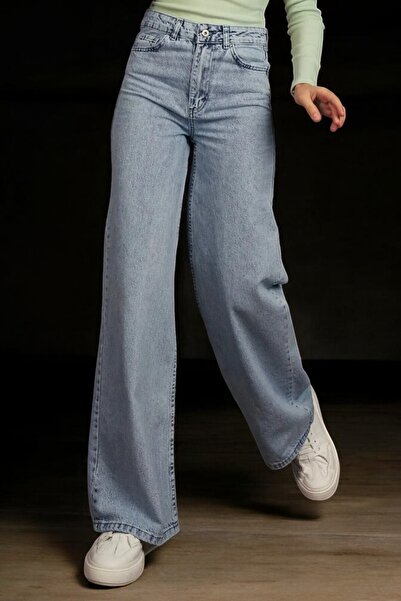 byhaziran butik بنطلون جينز نسائي واسع الساق من الليكرا ذو خصر مرتفع بلون أزر...