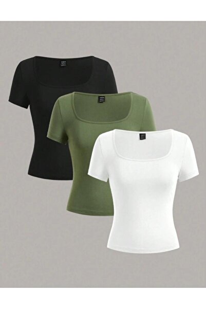 MİLYA&GYM Kadın 3'lü paket fitilli kaşkorse vücudu saran KARE YAKA CROP T-SHİRT