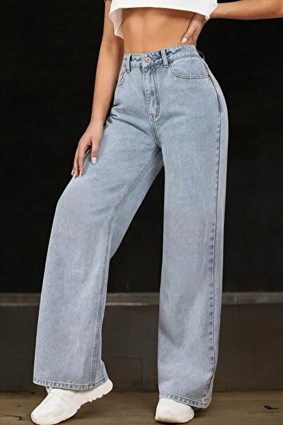 byhaziran butik  Genç Kız Açık Mavi Kar Yıkama Yüksek Bel Likralı Rahat 90's Salaş Paça Jeans