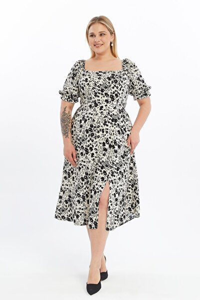 Apsen Collection فستان نسائي من Apsen ذو ياقة مربعة باللون البيج وتفاصيل شق أ...