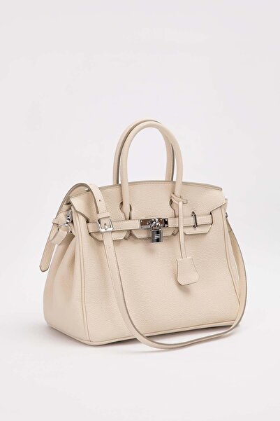 Levidor Krem Gümüş Kilit Aksesuar Detaylı El Çantası