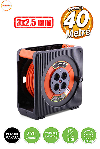 Badem10 Makaralı CCA Uzatma Kablosu 40 Metre 3x2.5 mm 4 Prizli Termal Sigorta...