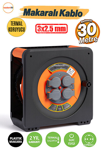 Badem10 Makaralı Uzatma Kablosu CCA 3x2.5 mm 30 Mt Plastik Gövde 4 Prizli Mon...