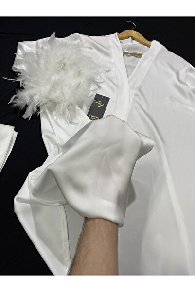 Juwana Women's White Satin Silk Bridal Robe – Kimono with Feather Detail