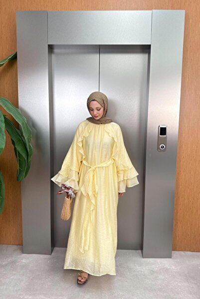 QUQA Bağlamalı Fırfır Kol Elbise - Sarı