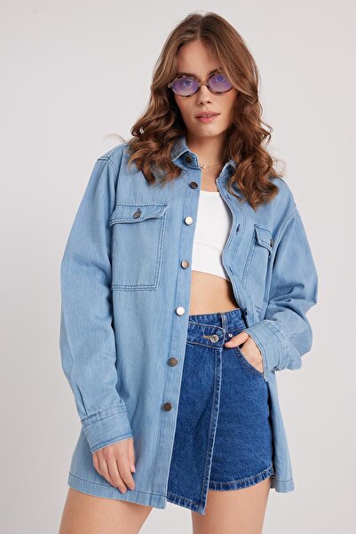 Tudors Kadın Oversize Geniş Kesim Denim Kot Çift Cepli Mavi Overshirt Ceket Tarzı Gömlek