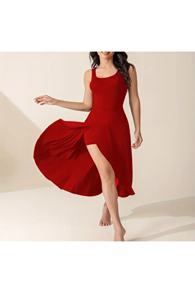 CARABO MODA Lycra Midi-Length Dress with Deep Slit, Featuring Thick Straps, Open Neckline, and Pockets.