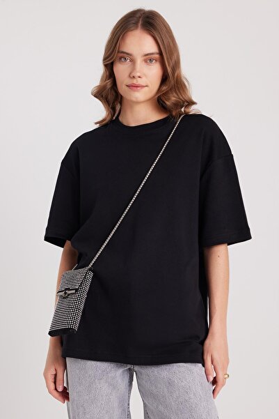 Tudors Γυναικείο μπλουζάκι με φαρδιά εφαρμογή, 100% βαμβάκι, μαλακή υφή, βασικό μαύρο μπλουζάκι με λαιμόκοψη